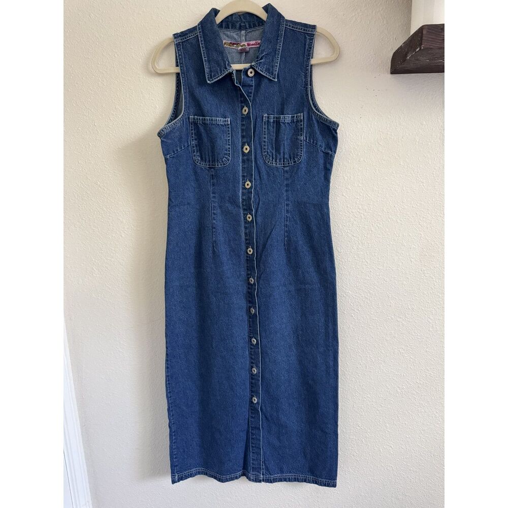 Me & You Vintage 90s Y2K Collar Long Denim Jean Button Up Dress Size Medium